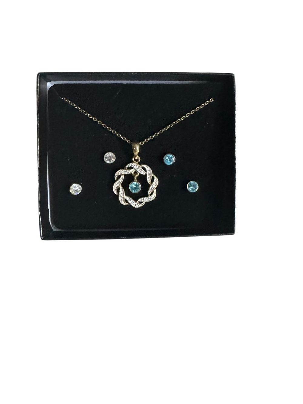 Gold-Tone Blue Crystal Intertwined Pendant Necklace and Earrings Set NIB - Picture 2 of 2